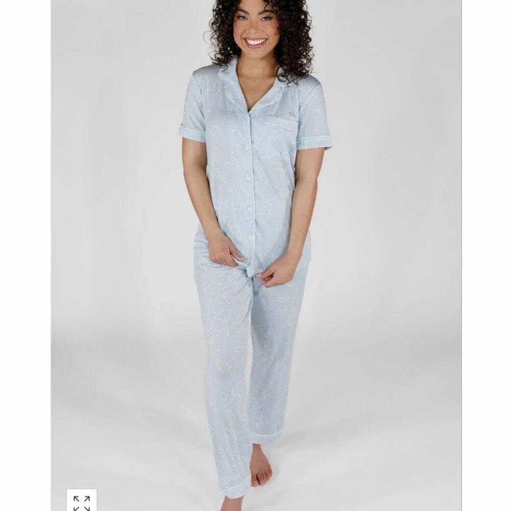 In My Sundays Heirloom Bows Sky Blue Pajama Set XL Tencel Button Front Lounge - Picture 5 of 15